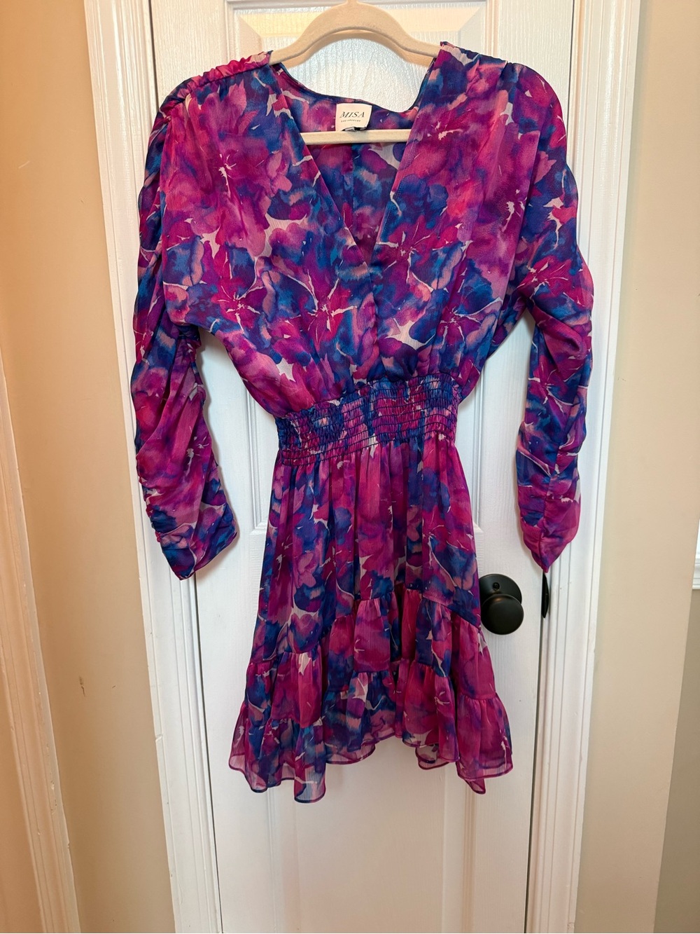 Misa Los Angeles Pink & Blue Floral Smocked-Waist Dress